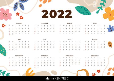 Hand drawn flat 2022 calendar template Vector illustration. Stock Vector