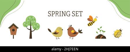 Vector illustration of cartoon spring set design. Stock Vector