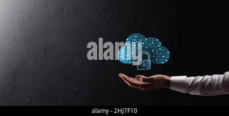 Cloud technology. Polygonal wireframe cloud storage sign with padlock on dark blue. Cloud computing, big data center, future infrastructure, digital a Stock Photo