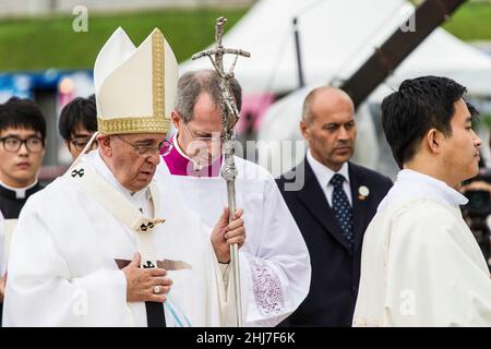 Aug 17, 2014 - Haemi, South Korea : Pope Francis attend with speaks their event closing ceremony during an Asian Youths Day at the castle in Haemi, South Korea. Pope Francis wraps up his five-day visit to South Korea on Monday with a Mass for peace and reconciliation. Stock Photo