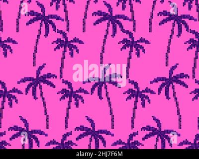 Seamless pattern with 80s style pixelated palm trees. 8-bit tropical jungle. Palm trees in pixel art style. Design for print, wrapping paper and adver Stock Vector