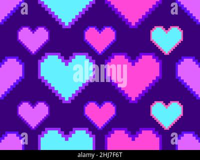 Pixel art hearts seamless pattern. 8-bit hearts with stroke. Retro 8-bit video game. Design for print, wrapping paper and advertising. Vector illustra Stock Vector