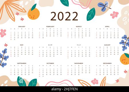 Hand drawn flat 2022 calendar template Vector illustration. Stock Vector