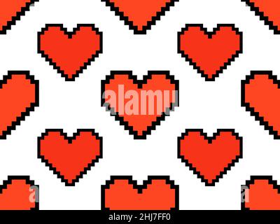 Pixel art hearts seamless pattern. 8-bit red hearts with black stroke on white background. Retro 8-bit video game. Design for print, wrapping paper an Stock Vector