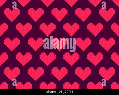 Pixel art hearts seamless pattern. 8-bit red hearts. Retro 8-bit video game. Design for print, wrapping paper and advertising. Vector illustration Stock Vector