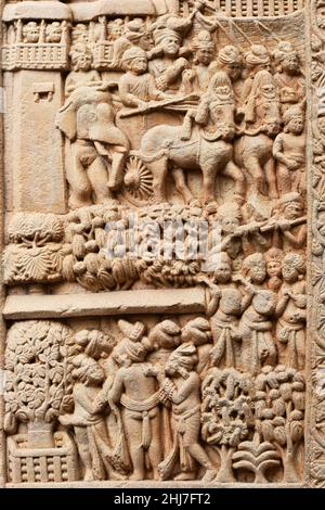 Stupa No 1, East Gateway, Right  Pillar, Inside Panel 2 : Maya‚Äôs Dream , Visit to Kapilavastu. World Heritage Site, Sanchi, Madhya Pradesh, India Stock Photo