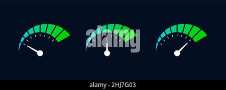 Gauge meter icon set. Low, moderate, high measuring scale. Modern car dashboard. Blue green neon speedometer. Colorful level indicator. Vector Stock Vector