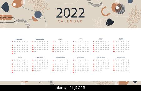 Hand drawn flat 2022 calendar template Vector illustration. Stock Vector