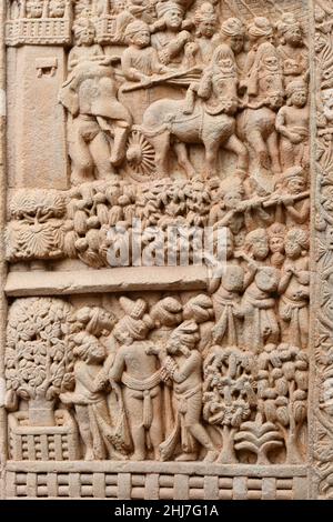 Stupa No 1, East Gateway, Right  Pillar, Inside Panel 2 : Maya‚Äôs Dream , Visit to Kapilavastu. World Heritage Site, Sanchi, Madhya Pradesh, India Stock Photo