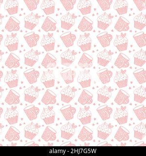 Hand drawn valentine love seamless pattern of cupcake and cup. Doodle scandinavian heart elements. Illustration for textile, background, wallpaper Stock Vector