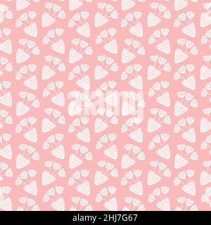 Retro seamless pattern of vase with flowers and blossom in hygge style. Scandinavian flourish vector element with hearts for valentine day, romantic Stock Vector