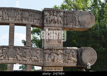 Stupa No 1, East Gateway. Rear view closeup of Right side. Square blocks showing riders on Camels and mythical lions. The Great Stupa, World Heritage Stock Photo