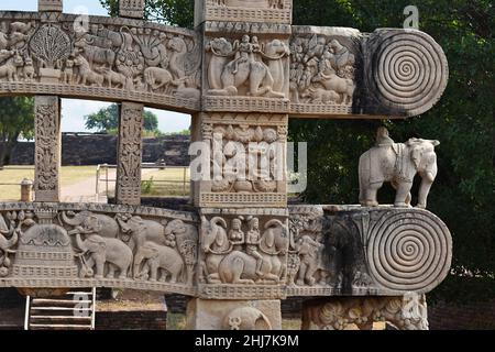 Stupa No 1, East Gateway. Rear view closeup of right side. Square blocks showing riders on Antelopes and camels. The Great Stupa, World Heritage Site, Stock Photo