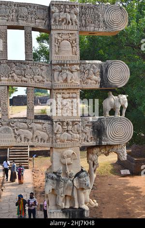 Stupa No 1, East Gateway. Rear view closeup of right side. Square blocks showing riders on Antelopes, camels and mythical lions. The Great Stupa, Worl Stock Photo