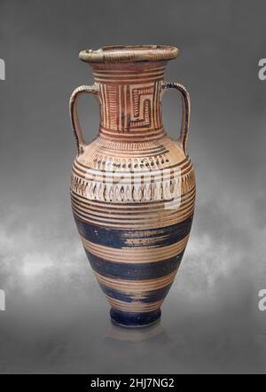 Geometric Period Greek pottery amphora, Asine Acropolis, 730-690 BC . Nafplion Archaeological Museum.. Against grey art background. Photographer Paul Stock Photo