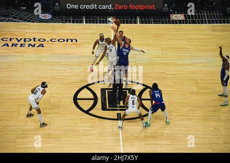 Brooklyn Nets forward Nic Claxton (33) and LA Clippers center Ivica Zubac (40) leap at tip-off during an NBA basketball game, Monday, Dec. 27, 2021, i Stock Photo