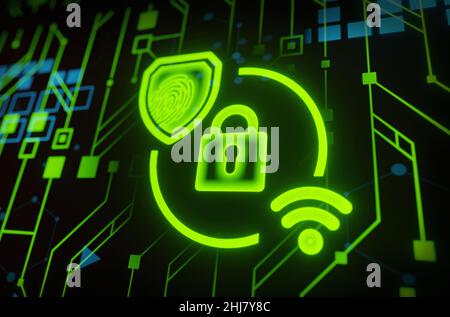 Cyber security concept. Lock symbol from lines with wifi and thumb print symbols circuit board futuristic digital background Stock Photo