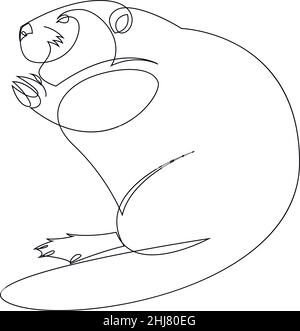 One single line drawing of funny standing beaver for logo identity. Cute adorable rodent animal mascot concept for pet lover club icon. Modern continu Stock Vector