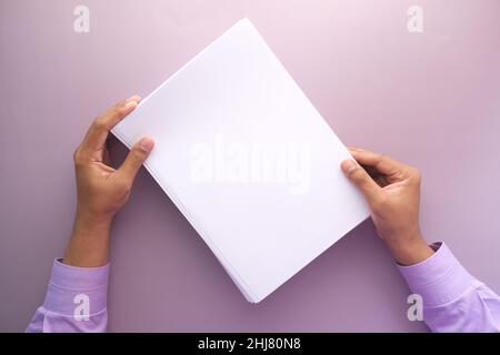 top view of stack of empty paper on table  Stock Photo