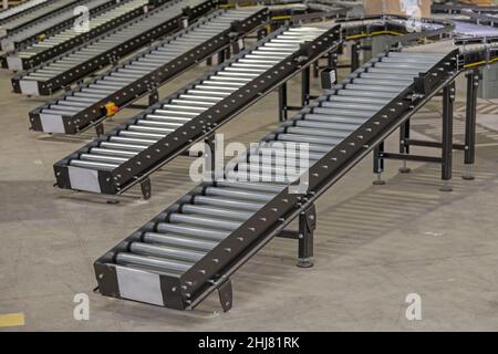 Sorting Gravity Conveyors Rollers Lines in Distribution Warehouse Stock