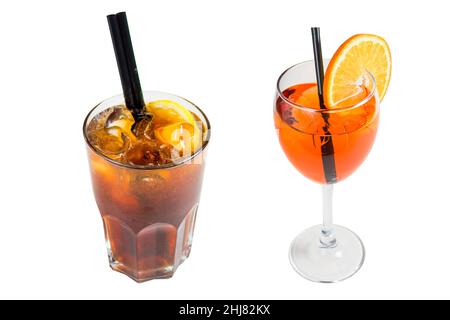 Two drinks, dark cocktail with ice in a glass and orange in a glass with a slice of orange, isolated on white background Stock Photo