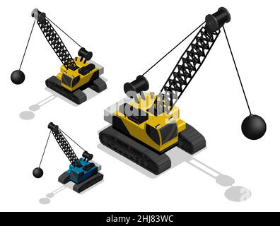 Isometric Heavy wall breaking tractor, demolition machine in flat. Industrial machinery and equipment. Realistic 3D Vector Isolated on white back Stock Vector