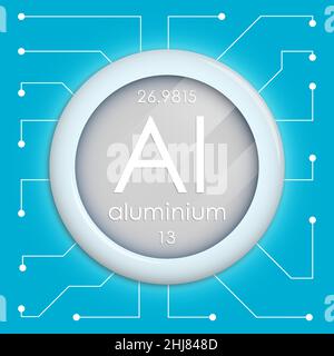 Realistic button with aluminum symbol. Chemical element is aluminum. Vector isolated on white background Stock Vector