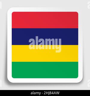 Mauritius flag icon on paper square sticker with shadow. Button for mobile application or web. Vector Stock Vector