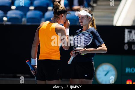 Melbourne, Australia. 25th Jan, 2022. Beatriz Haddad Maia of Brazil & Anna Danilina of Kazakhstan in action during the doubles quarter-final round at the 2022 Australian Open, WTA Grand Slam tennis tournament on January 25, 2022 at Melbourne Park in Melbourne, Australia - Photo: Rob Prange/DPPI/LiveMedia Credit: Independent Photo Agency/Alamy Live News Stock Photo