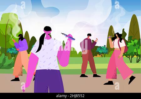 people smoking e-cigarettes in park bad habits unhealthy lifestyle nicotine addiction concept landscape background Stock Vector