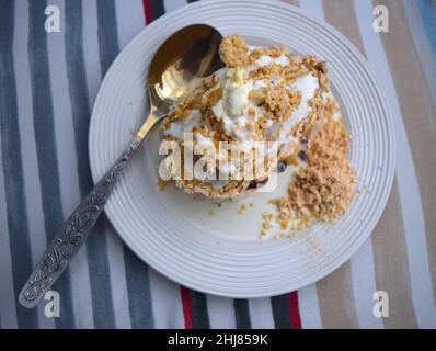 Cold meringue cake ready to eat close up. Stock Photo