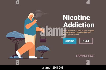 woman walking in park and smoking cigarette bad habits unhealthy lifestyle nicotine addiction no smoking concept Stock Vector