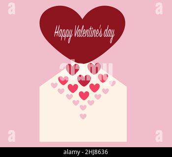 Happy Valentines Day greeting card. On a pink background, a white envelope from which hearts fly out and the inscription I love you Stock Vector