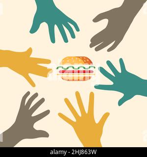 Hand trying to grab hamburger, Fast food, grab and go, burgers Stock Vector