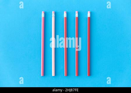 five lead pencils with eraser on tips Stock Photo