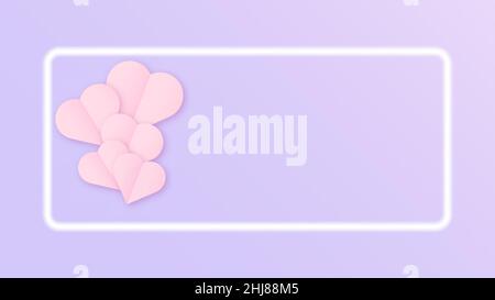 Violet Valentines Day banner. Holiday background with place for text. Pink hearts with a frame. Stock Vector