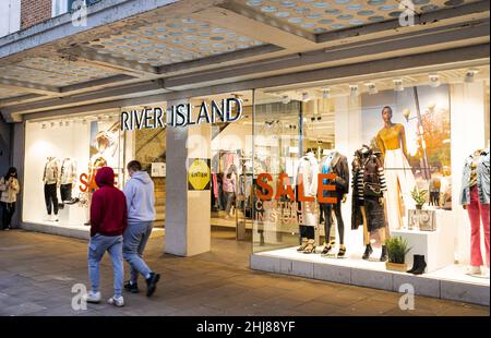 River Island shop front with brand logo. Swansea, Wales, UK - January 16, 2022 Stock Photo
