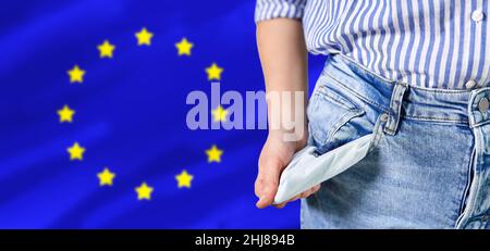 close up of woman showing empty pockets Stock Photo