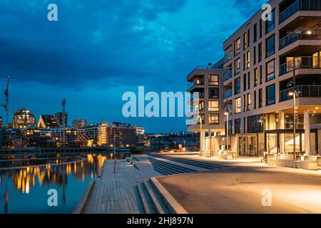 Oslo, Norway - June 25, 2019: Night View Embankment And Residential Multi-storey House On Sorengkaia Street In Gamle Oslo District. Residential Area Stock Photo