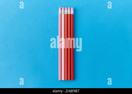 five lead pencils with eraser on tips Stock Photo