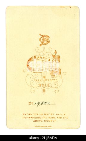 Reverse of original Victorian carte de visite (CDV) from the photographic studio of Barry & Co. Park St. , Hull, Yorkshire, U.K. circa 1875.