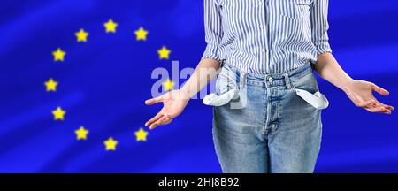 close up of woman showing empty pockets Stock Photo