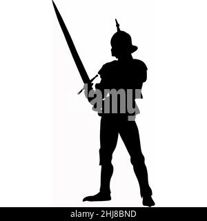 Medal or stamp of medieval warrior with sword,  bow and spears. The silhouette of an assassin who attacks the enemy Stock Photo