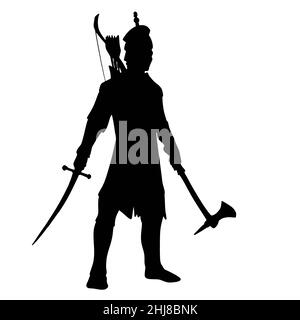 Medal or stamp of medieval warrior with sword,  bow and spears. The silhouette of an assassin who attacks the enemy Stock Photo
