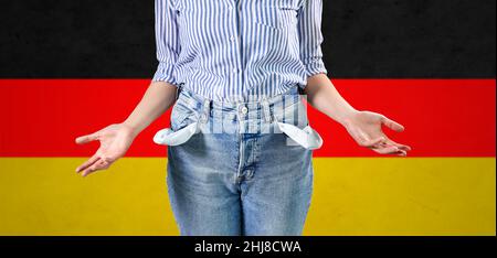close up of woman showing empty pockets Stock Photo