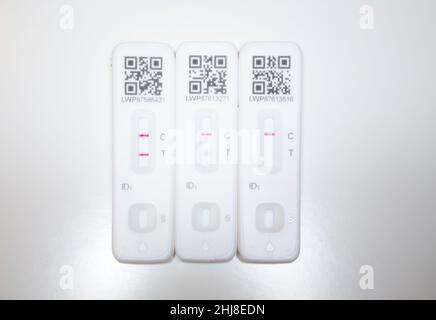 Two positive results and a single negative test result. Three Lateral flow test / LFT / LFD / lateral flow devices kits / device kit, two of which have tested positive (showing two red lines) for COVID 19 virus coronavirus during antigen home testing, in London. UK. To show positive, two red lines will appear. One test shows the positive line to be feint / faint. The third test showing one line only is a negative test. The test (by Flowfex made in China) has detected virus in the sample nasal swab taken from the nose. The tests illustrate recovery and recovering from Covid infection. (128) Stock Photo