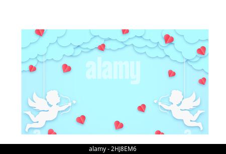 Happy valentines day greeting card background. Place for text. Holiday blue banner with clouds, cupids and hearts. Space for text. Stock Vector