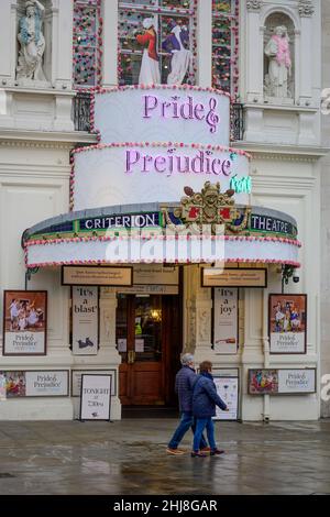 London, UK. 27 January 2022. A grey morning in the capital with few shoppers and visitors is brightened up with West End theatre exteriors. Stock Photo