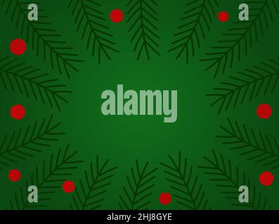 Christmas tree fir branches and berries border green card. Vector illustration. Stock Vector