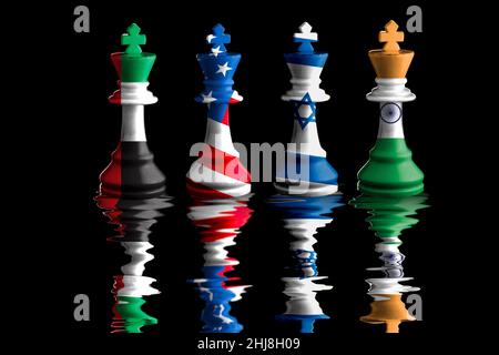 india, israel, us and United Arab Emirates flags paint over on chess king. 3D illustration. i2u2 group. Stock Photo